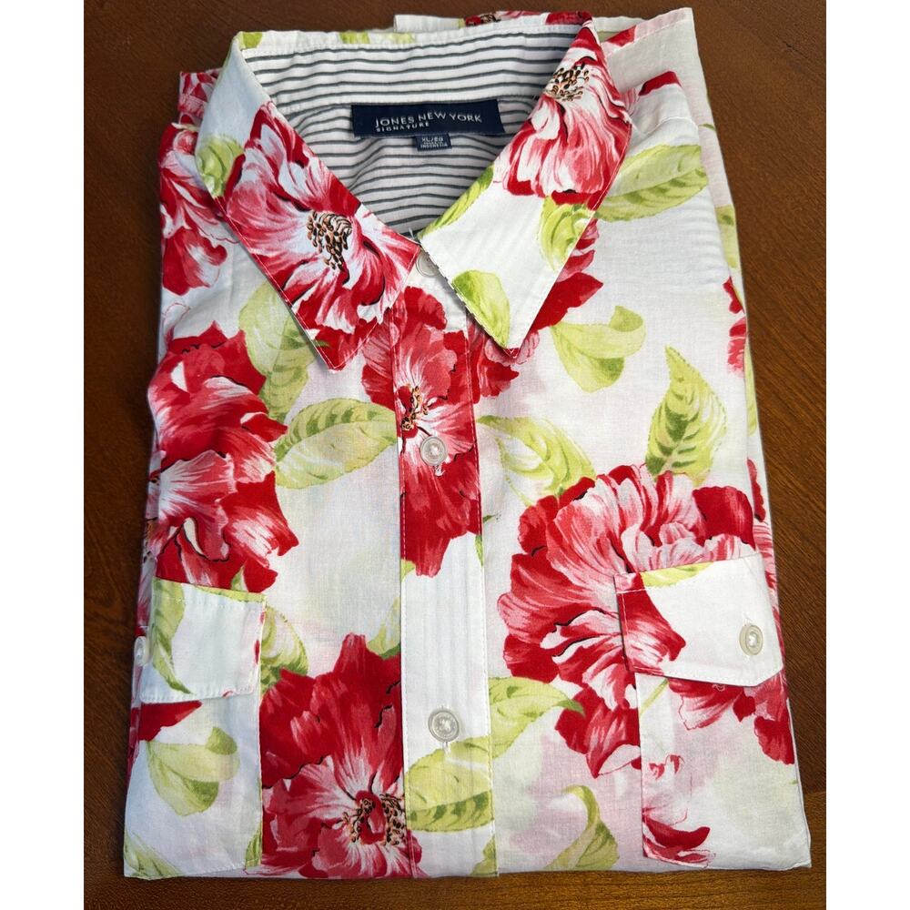 Jones New York Signature Collared Buttoned Blouse Floral Red White XL